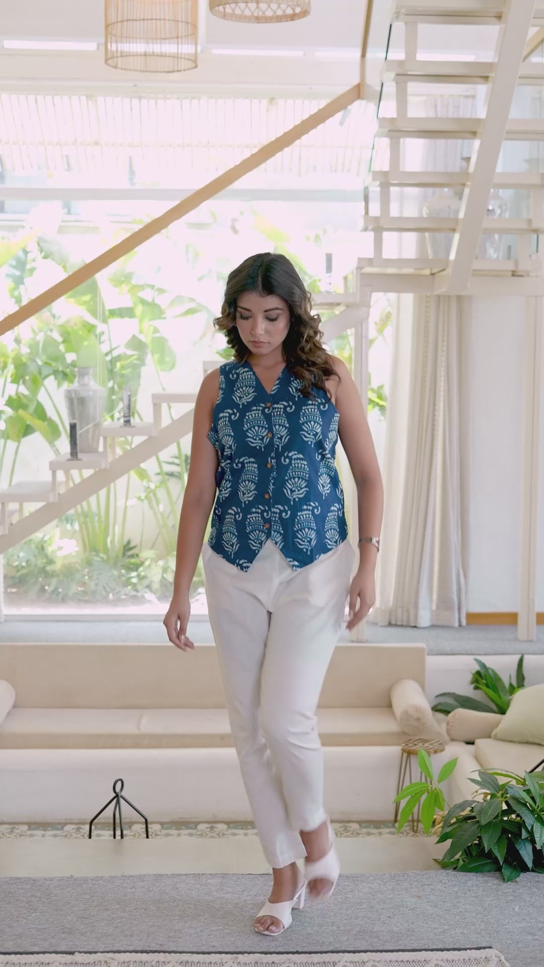 Indigo Sleeveless Hand Block-Printed Pure Cotton Top